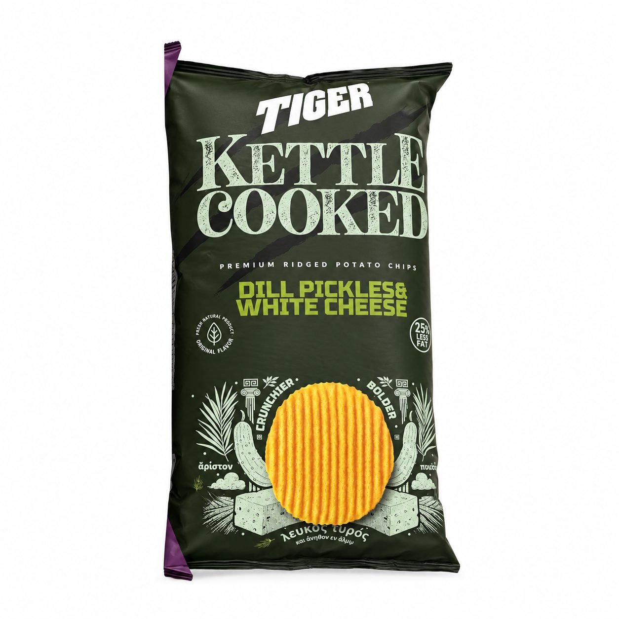 Tiger Kettle Cooked Dill Pickles & White Cheese Potato Chips, 90 g (3.17 oz)